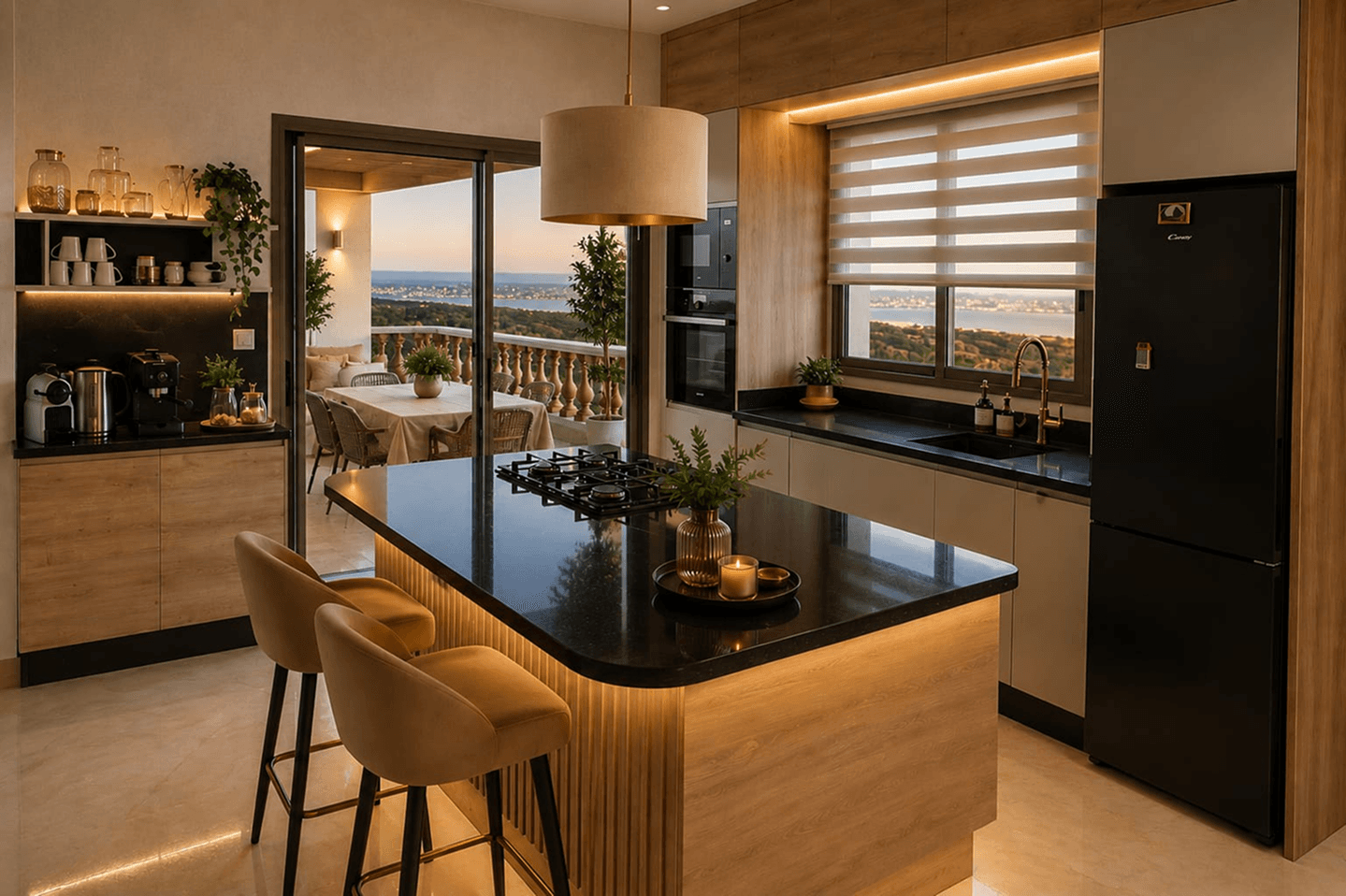Vue sur la cuisine moderne et la terrasse extérieure
